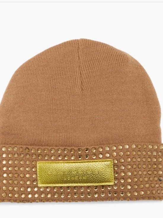 NWT Kurt Geiger London Logo Patch Crystal Cuff Beanie One Size, CAMEL